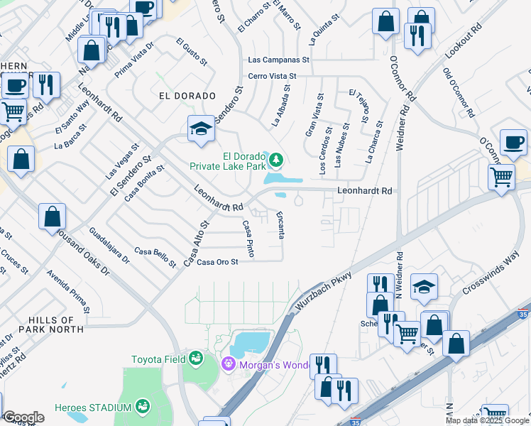 map of restaurants, bars, coffee shops, grocery stores, and more near 5300 Encanta in San Antonio