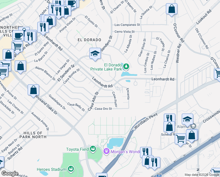 map of restaurants, bars, coffee shops, grocery stores, and more near 5014 Casa Grande Street in San Antonio