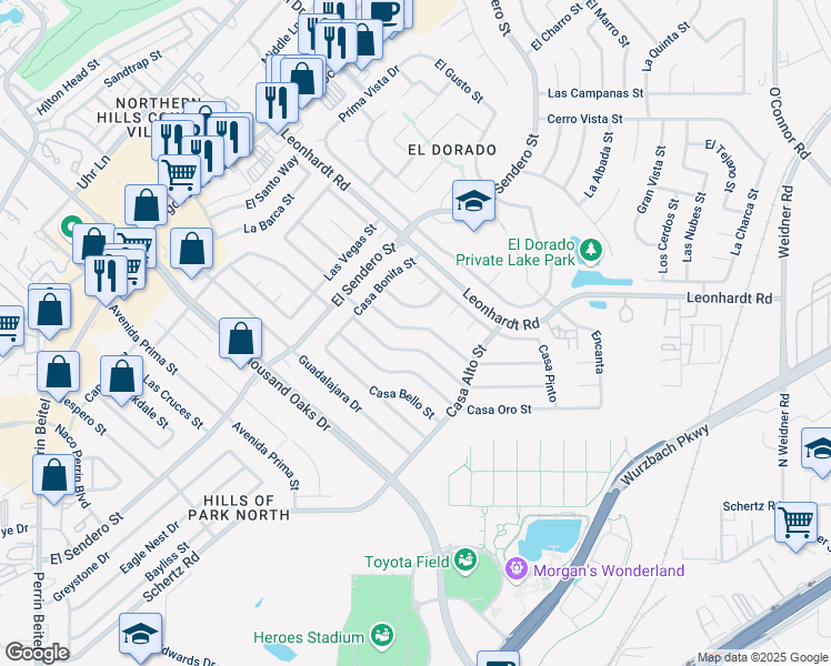 map of restaurants, bars, coffee shops, grocery stores, and more near 4744 Casa Verde Street in San Antonio