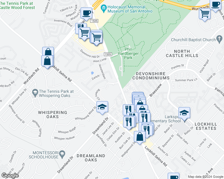 map of restaurants, bars, coffee shops, grocery stores, and more near 2702 Cembalo Boulevard in San Antonio