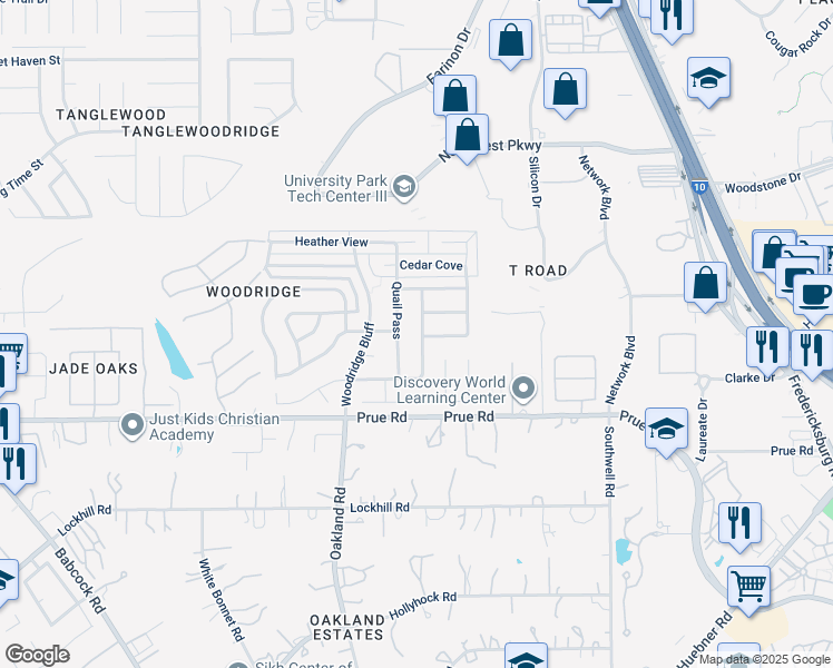 map of restaurants, bars, coffee shops, grocery stores, and more near 11122 Quail Pass in San Antonio