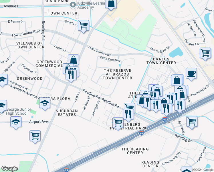 map of restaurants, bars, coffee shops, grocery stores, and more near 1530 Grayson Run Court in Rosenberg