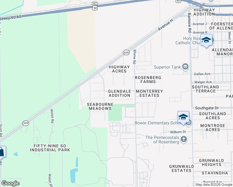 map of restaurants, bars, coffee shops, grocery stores, and more near 834 Matamoros Drive in Rosenberg