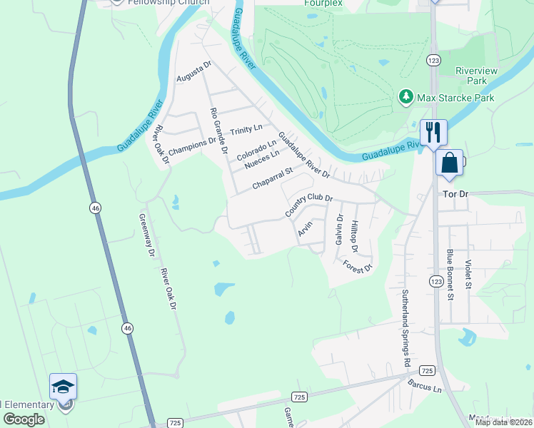 map of restaurants, bars, coffee shops, grocery stores, and more near 1051 Country Club Drive in Seguin