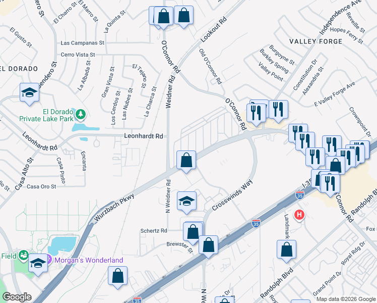 map of restaurants, bars, coffee shops, grocery stores, and more near 199 Leafy Lane in San Antonio