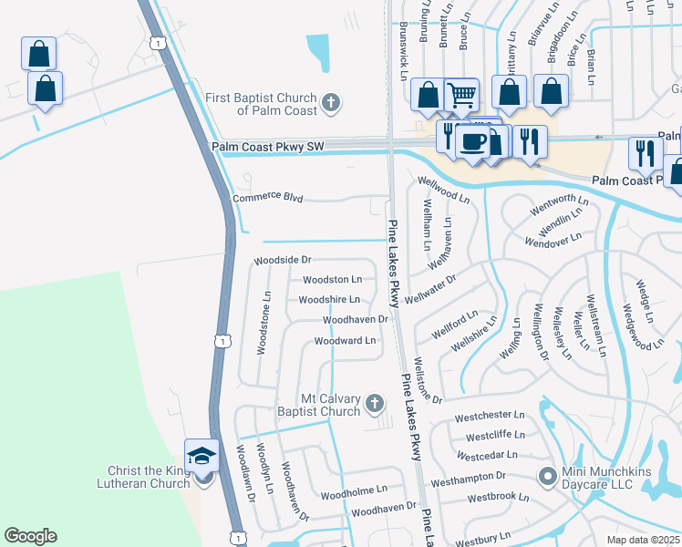 map of restaurants, bars, coffee shops, grocery stores, and more near 23 Woodshire Lane in Palm Coast