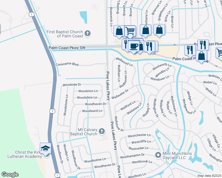 map of restaurants, bars, coffee shops, grocery stores, and more near 17 Wellwood Lane in Palm Coast