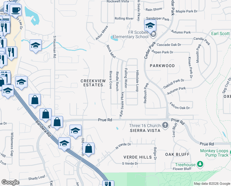 map of restaurants, bars, coffee shops, grocery stores, and more near 10818 Rivera Cove in San Antonio