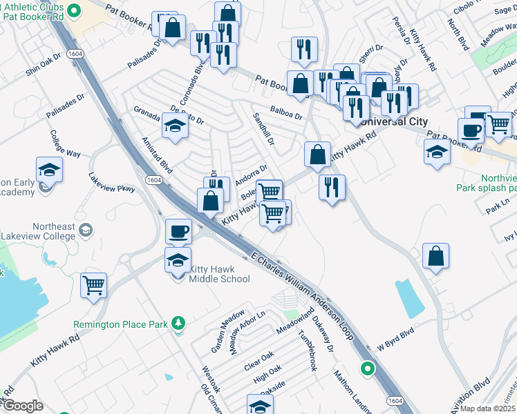 map of restaurants, bars, coffee shops, grocery stores, and more near 910 Kitty Hawk Road in Universal City