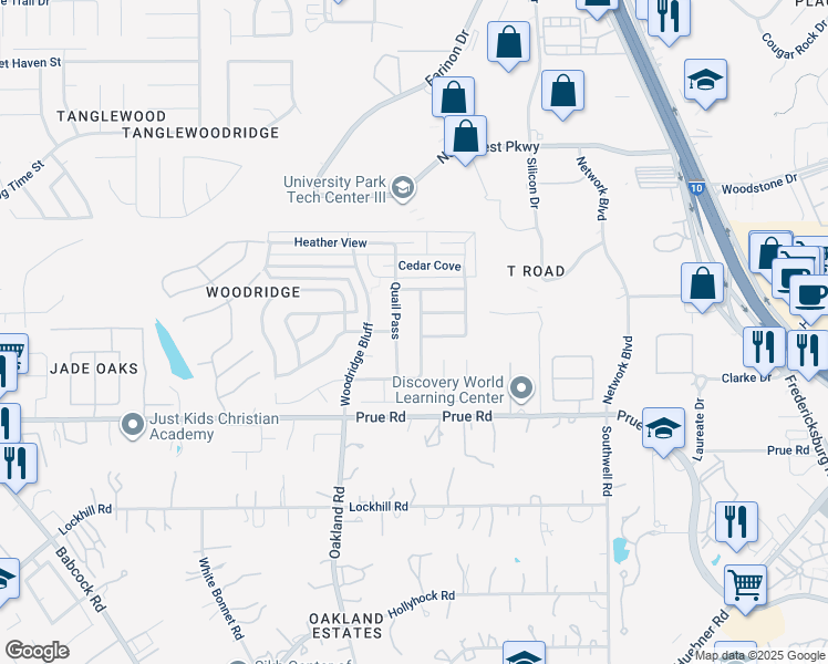 map of restaurants, bars, coffee shops, grocery stores, and more near 11122 Quail Pass in San Antonio