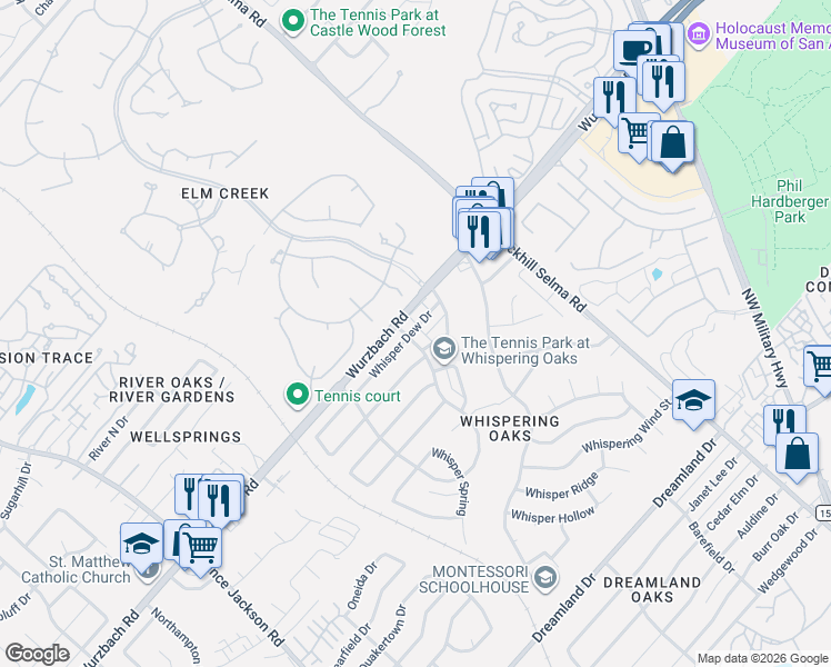 map of restaurants, bars, coffee shops, grocery stores, and more near 11702 Whisper Dew Street in San Antonio