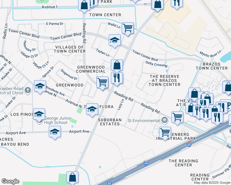 map of restaurants, bars, coffee shops, grocery stores, and more near 5552 Reading Road in Rosenberg