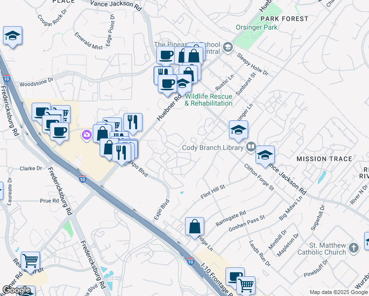 map of restaurants, bars, coffee shops, grocery stores, and more near 11600 Huebner Road in San Antonio