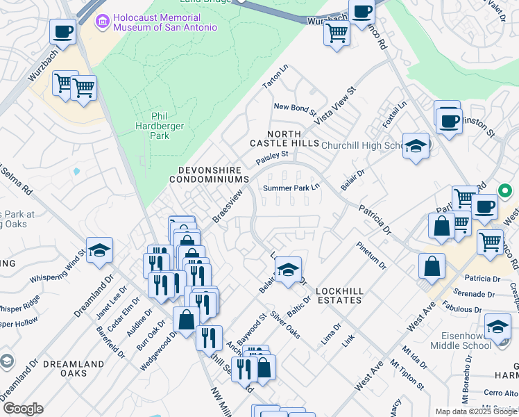 map of restaurants, bars, coffee shops, grocery stores, and more near 11807 Tarragon Cove in San Antonio