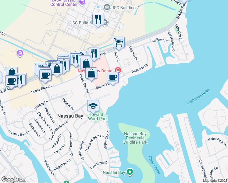map of restaurants, bars, coffee shops, grocery stores, and more near 2100 Space Park Drive in Houston