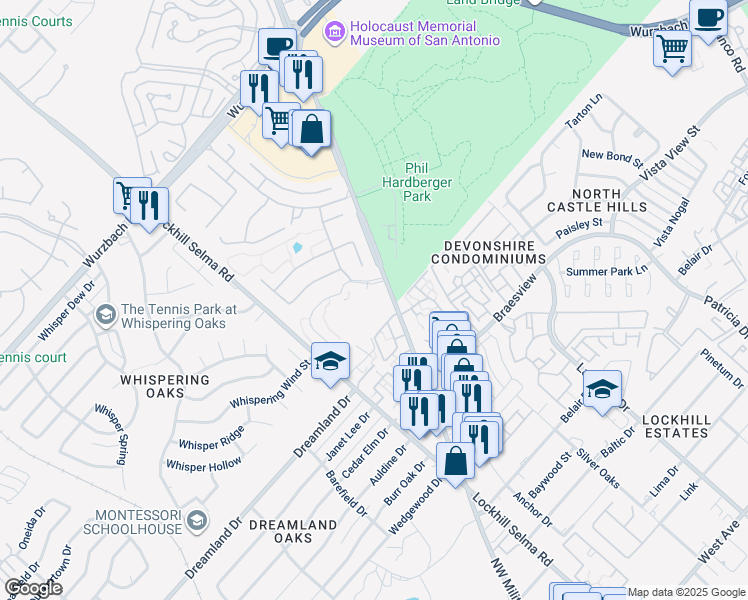 map of restaurants, bars, coffee shops, grocery stores, and more near 2702 Cembalo Boulevard in San Antonio