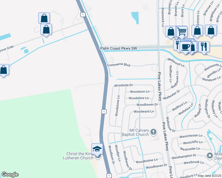 map of restaurants, bars, coffee shops, grocery stores, and more near 35 Woodstone Lane in Palm Coast