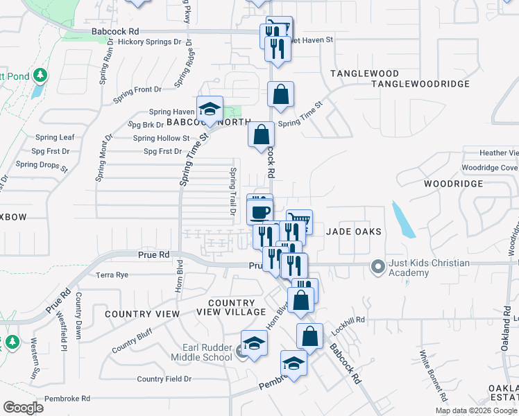 map of restaurants, bars, coffee shops, grocery stores, and more near 6518 Babcock Terrace in San Antonio