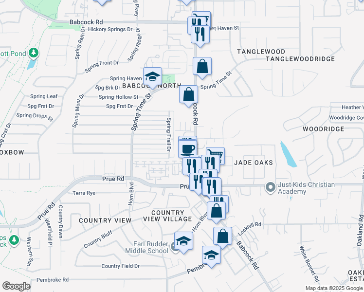 map of restaurants, bars, coffee shops, grocery stores, and more near 6518 Babcock Terrace in San Antonio