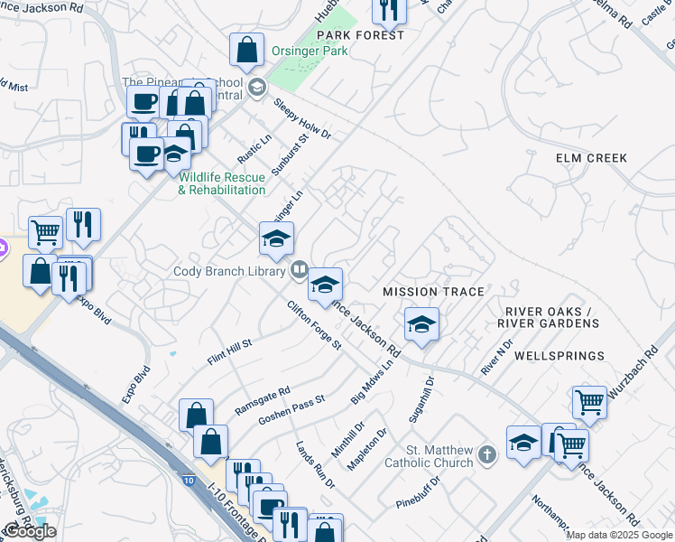 map of restaurants, bars, coffee shops, grocery stores, and more near 11700 Wall Street in San Antonio
