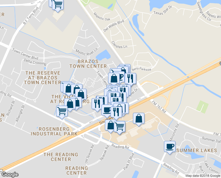 map of restaurants, bars, coffee shops, grocery stores, and more near 7314 Town Center Boulevard in Rosenberg