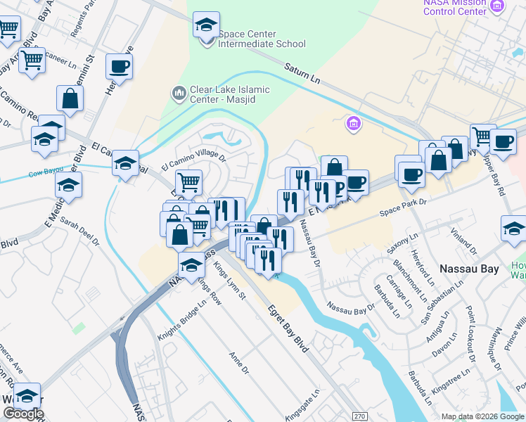 map of restaurants, bars, coffee shops, grocery stores, and more near 1201 East Nasa Parkway in Houston