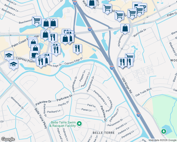 map of restaurants, bars, coffee shops, grocery stores, and more near 52 Peppercorn Lane in Palm Coast