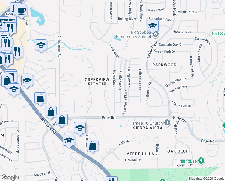 map of restaurants, bars, coffee shops, grocery stores, and more near 10818 Rivera Cove in San Antonio