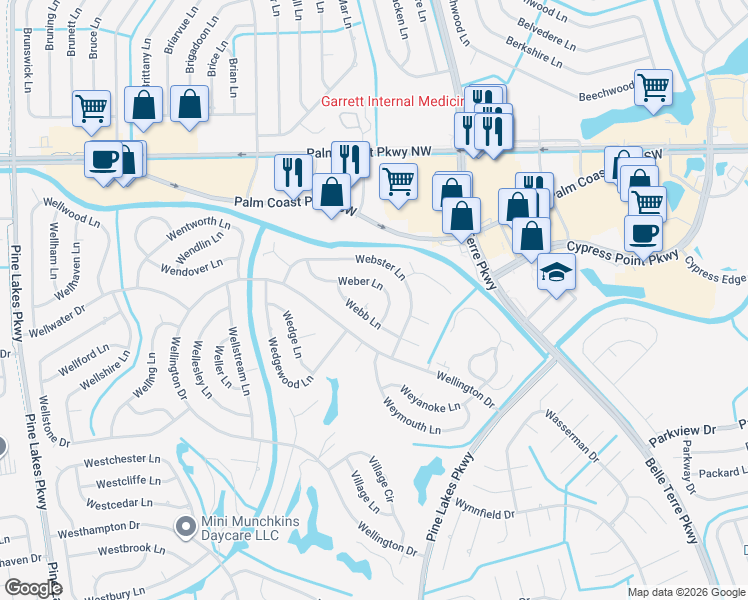 map of restaurants, bars, coffee shops, grocery stores, and more near 36 Weber Lane in Palm Coast