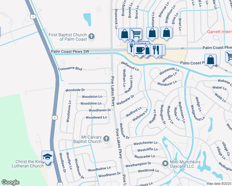 map of restaurants, bars, coffee shops, grocery stores, and more near 30 Wellwood Lane in Palm Coast
