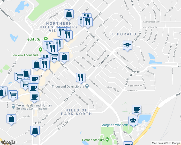 map of restaurants, bars, coffee shops, grocery stores, and more near 11906 Los Cerros Street in San Antonio