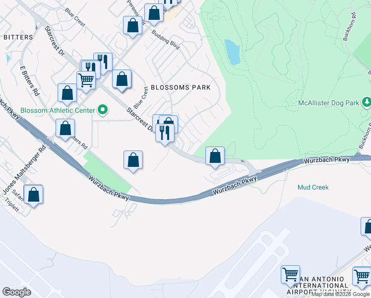 map of restaurants, bars, coffee shops, grocery stores, and more near 2231 Lotus Blossom Street in San Antonio