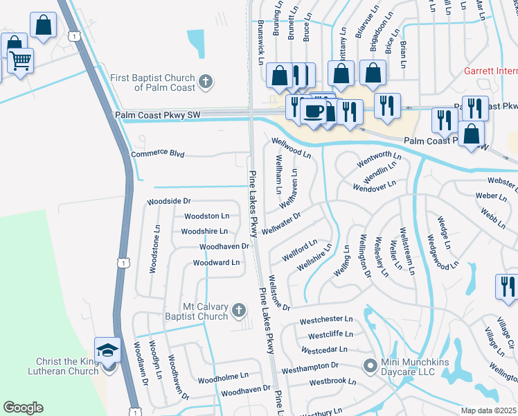 map of restaurants, bars, coffee shops, grocery stores, and more near 103 Woodside Drive in Palm Coast