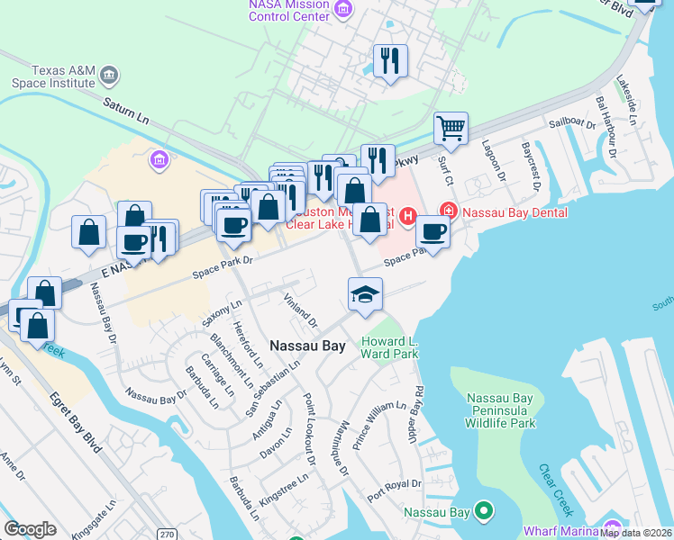 map of restaurants, bars, coffee shops, grocery stores, and more near 18220 Upper Bay Road in Houston
