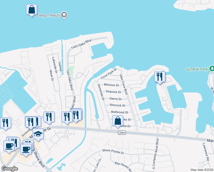 map of restaurants, bars, coffee shops, grocery stores, and more near 2141 East Winn Street in Kemah