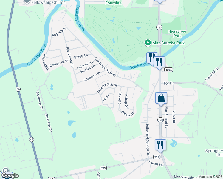 map of restaurants, bars, coffee shops, grocery stores, and more near 120 Parkridge Circle in Seguin