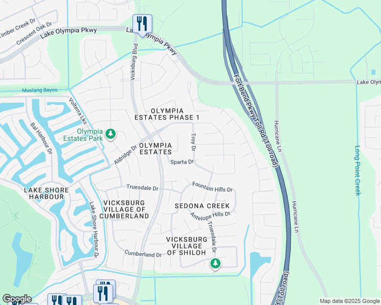 map of restaurants, bars, coffee shops, grocery stores, and more near 2738 Troy Drive in Missouri City