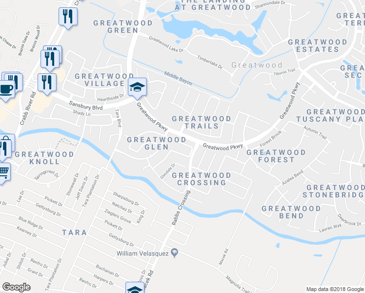 map of restaurants, bars, coffee shops, grocery stores, and more near 7310 Emerald Glen Drive in Sugar Land