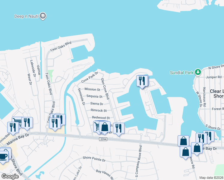 map of restaurants, bars, coffee shops, grocery stores, and more near 1911 Winn Street East in Kemah