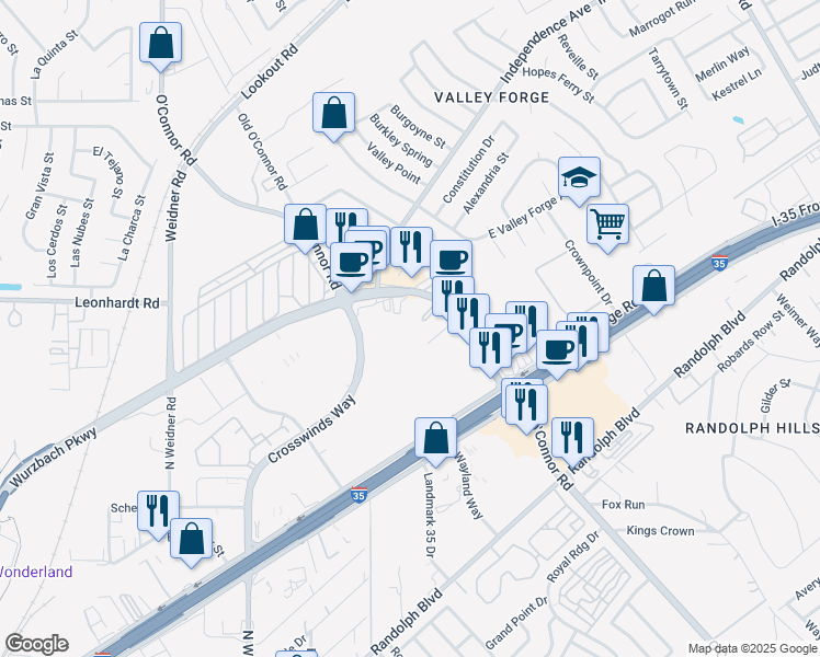 map of restaurants, bars, coffee shops, grocery stores, and more near 11357 Interstate 35 in San Antonio