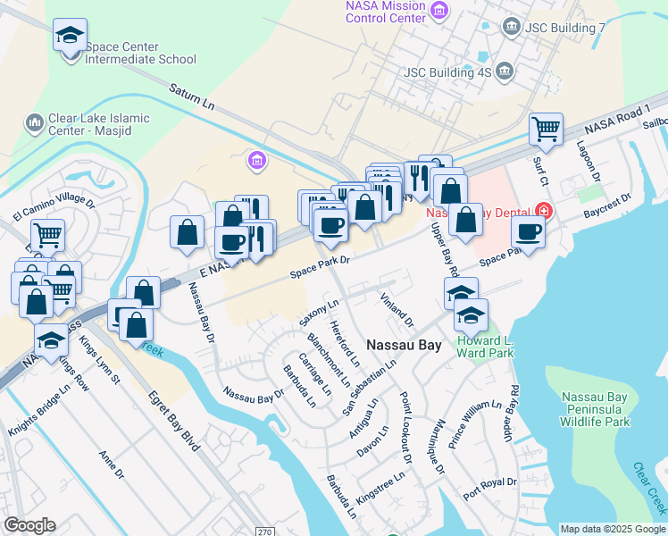 map of restaurants, bars, coffee shops, grocery stores, and more near 1725 Space Park Drive in Houston