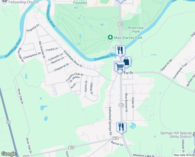 map of restaurants, bars, coffee shops, grocery stores, and more near 131 Guadalupe River Drive in Seguin