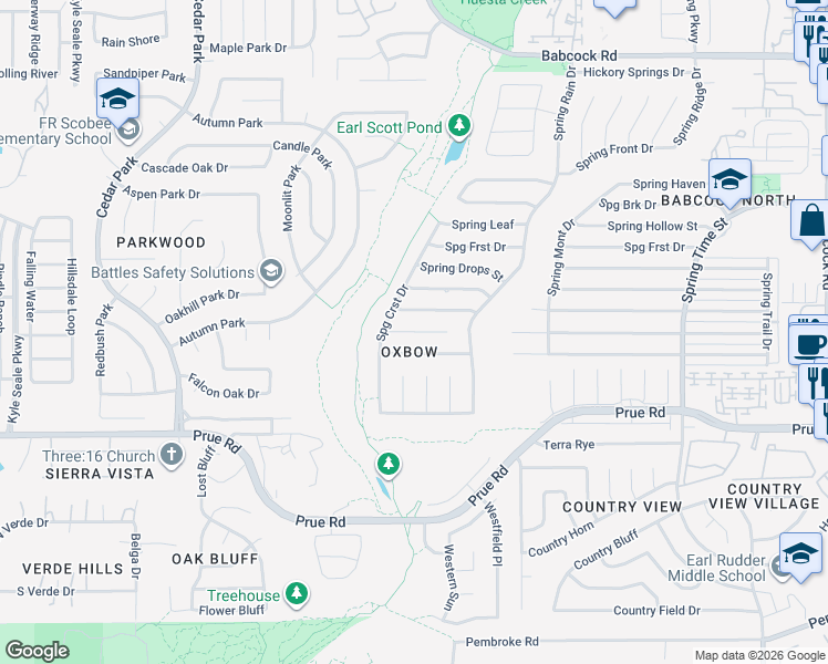 map of restaurants, bars, coffee shops, grocery stores, and more near 7214 Spring Morning in San Antonio