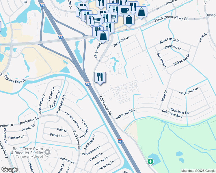 map of restaurants, bars, coffee shops, grocery stores, and more near 1 Commercial Court in Palm Coast