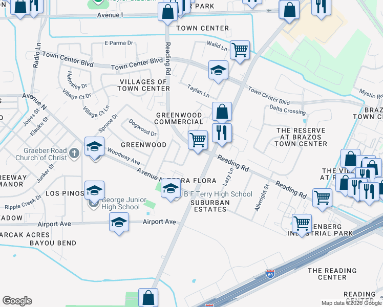 map of restaurants, bars, coffee shops, grocery stores, and more near 5233 Hardwood Drive in Rosenberg