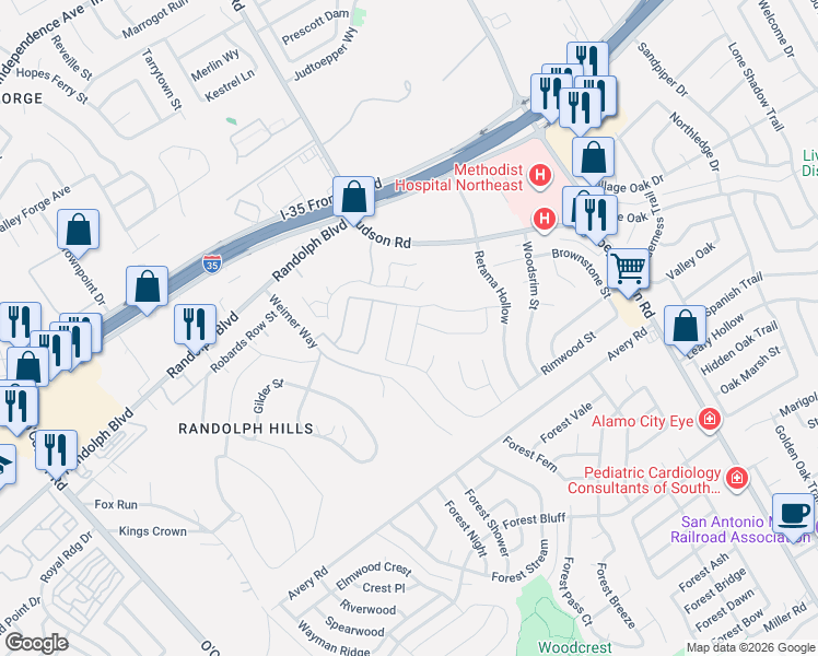 map of restaurants, bars, coffee shops, grocery stores, and more near 13105 Vista Hollow in Live Oak
