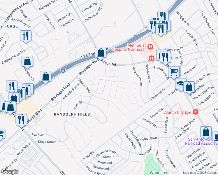 map of restaurants, bars, coffee shops, grocery stores, and more near 13105 Vista Hollow in Live Oak