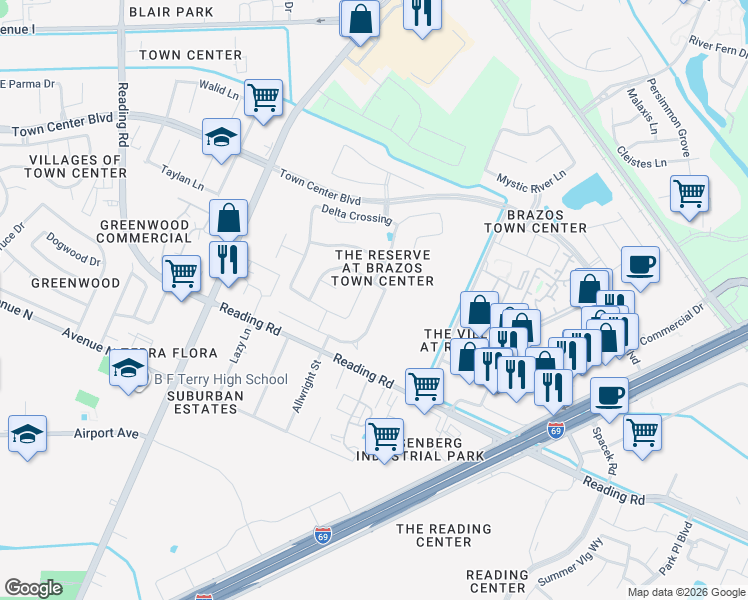 map of restaurants, bars, coffee shops, grocery stores, and more near 1503 Grayson Run Court in Rosenberg