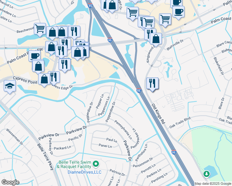 map of restaurants, bars, coffee shops, grocery stores, and more near 74 Peppercorn Lane in Palm Coast