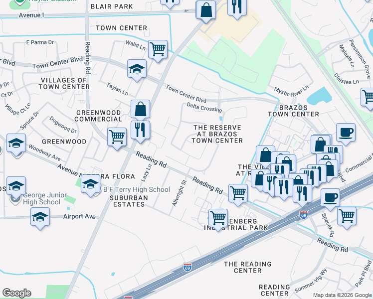 map of restaurants, bars, coffee shops, grocery stores, and more near 6309 Milam Branch Lane in Rosenberg